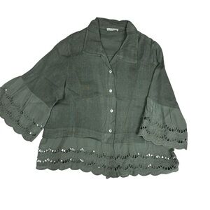 Italian linen Button-Up Blouse with Lace Trim
